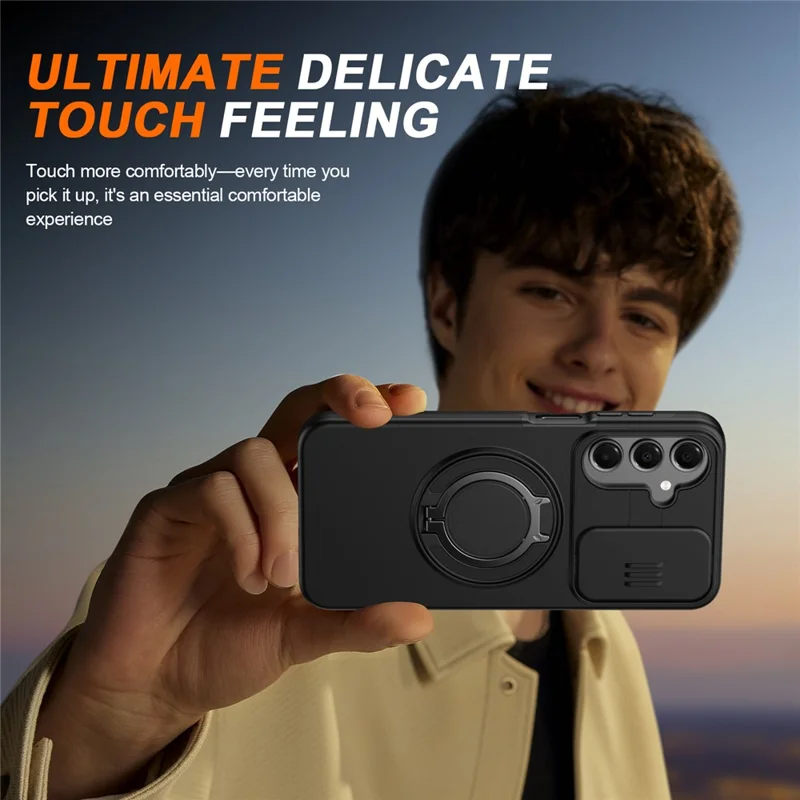 For Samsung Galaxy A16 5G  /  A16 4G Case Magnetic Case Ring Kickstand Slide Camera Cover TPU PC Hybrid Phone Shell - Black