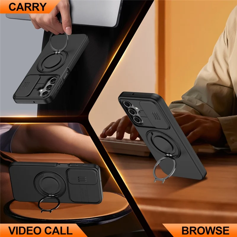 Custodia per Samsung Galaxy A26 5G, Custodia Magnetica con Anello Supporto Rotante e Scorriobiettivo, Cover ibrida in TPU e PC - Nero