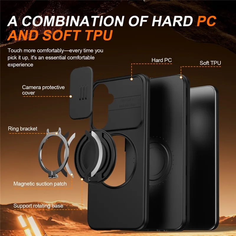 Custodia per Samsung Galaxy A26 5G, Custodia Magnetica con Anello Supporto Rotante e Scorriobiettivo, Cover ibrida in TPU e PC - Nero