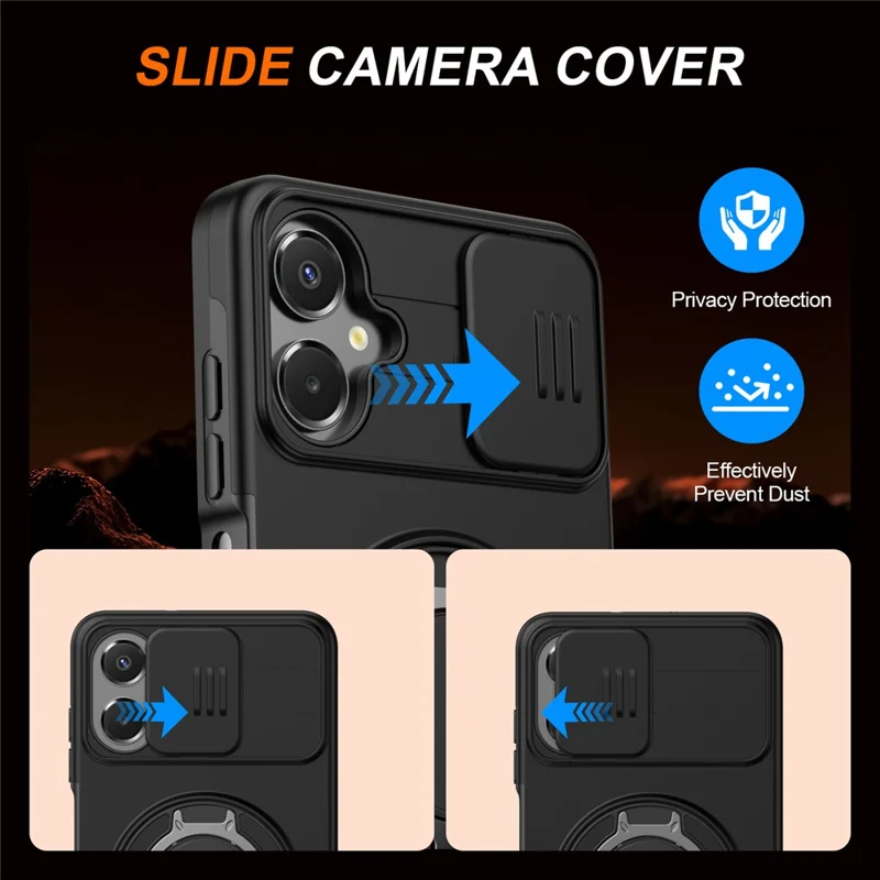 For Samsung Galaxy A06 4G  /  A06 5G Case Magnetic Case Ring Kickstand Slide Camera Cover TPU PC Hybrid Phone Shell - Black