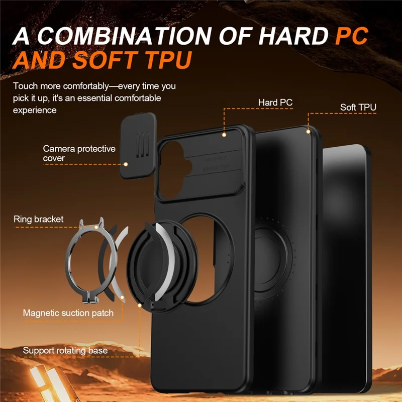 For Samsung Galaxy A06 4G  /  A06 5G Case Magnetic Case Ring Kickstand Slide Camera Cover TPU PC Hybrid Phone Shell - Black