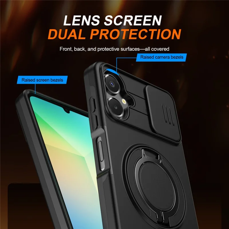 For Samsung Galaxy A07 4G  /  A07 5G Case Magnetic Case Ring Kickstand Slide Camera Cover TPU PC Hybrid Phone Shell - Black