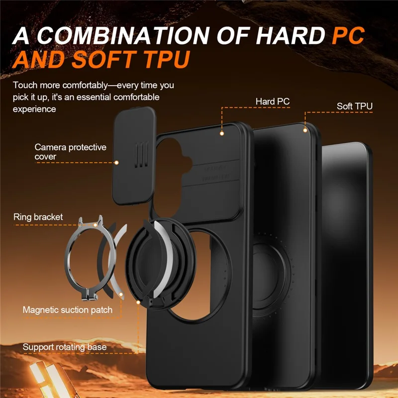 For Samsung Galaxy A36 5G Case Magnetic Case Ring Kickstand Slide Camera Cover TPU PC Hybrid Phone Shell - Black
