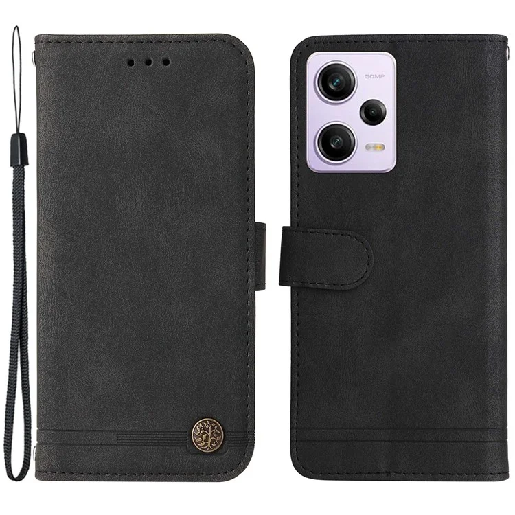 Per Xiaomi Redmi Note 12 Pro 5G / Nota 12 Pro Speed ​​5g / Poco X5 Pro 5G Tree Pattern Metal Button PU Leather Phone Case Lines Imprinted Skin-touch Flip Stand Wallet Cover With Strap - Nero