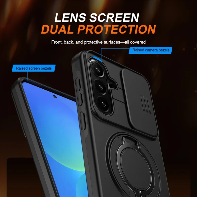 Custodia per Samsung Galaxy A57 5G Custodia Magnetica con Anello Supporto Rotante e Coperchio Scorrevole della Fotocamera Custodia Ibrida in TPU e PC - Nero