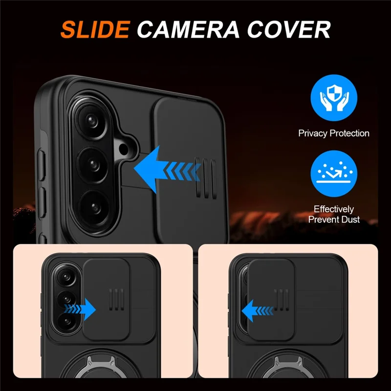 Custodia per Samsung Galaxy A57 5G Custodia Magnetica con Anello Supporto Rotante e Coperchio Scorrevole della Fotocamera Custodia Ibrida in TPU e PC - Nero