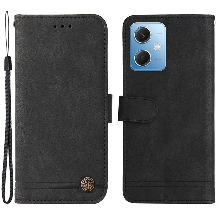 Pour Xiaomi Redmi Note 12 5G (chine) / Note 12 5G / Poco X5 5G PU Cuir Lignes Imprimées Étui de Téléphone Perk-touch Treat Match Metal Bouton Bouton Solf Portefeuille Folio Couverture Avec Sangle - Noir