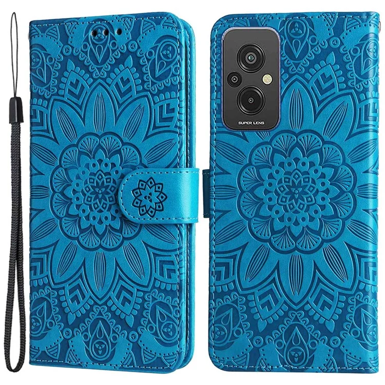 For Xiaomi Redmi 11 Prime 4G Sunflower Imprinted PU Leather Case Stand Function Wallet Flip Magnetic Protective Cover with Hand Strap - Blue