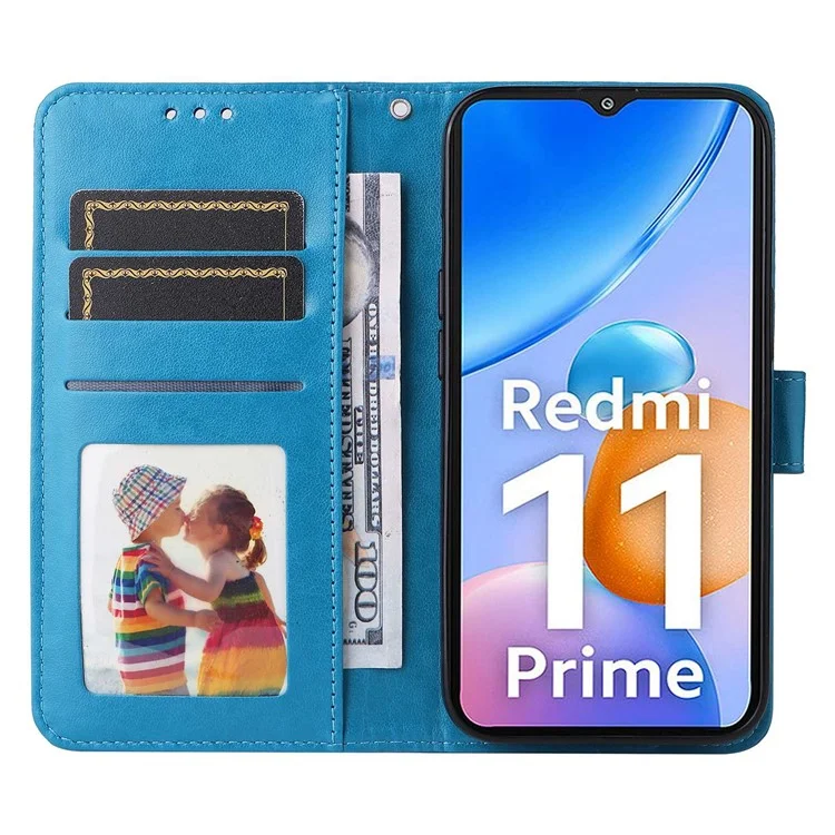 For Xiaomi Redmi 11 Prime 4G Sunflower Imprinted PU Leather Case Stand Function Wallet Flip Magnetic Protective Cover with Hand Strap - Blue