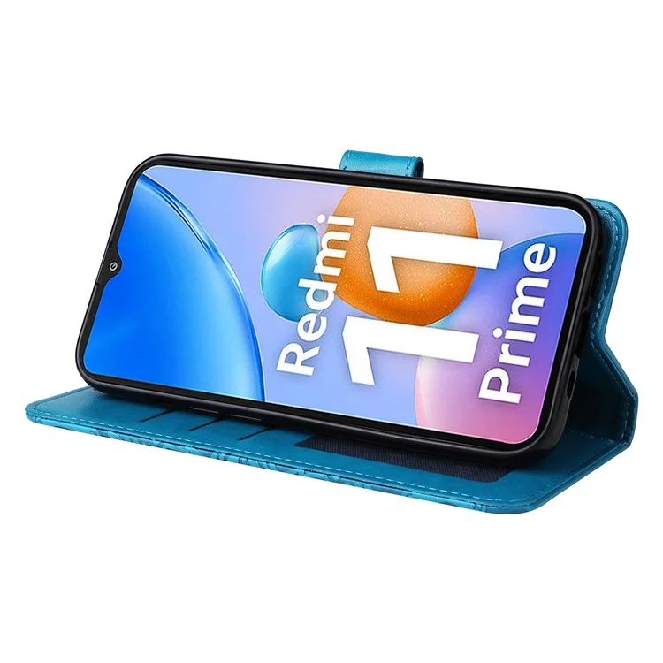 For Xiaomi Redmi 11 Prime 4G Sunflower Imprinted PU Leather Case Stand Function Wallet Flip Magnetic Protective Cover with Hand Strap - Blue
