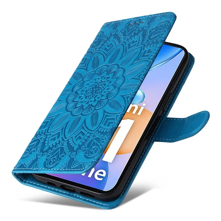For Xiaomi Redmi 11 Prime 4G Sunflower Imprinted PU Leather Case Stand Function Wallet Flip Magnetic Protective Cover with Hand Strap - Blue