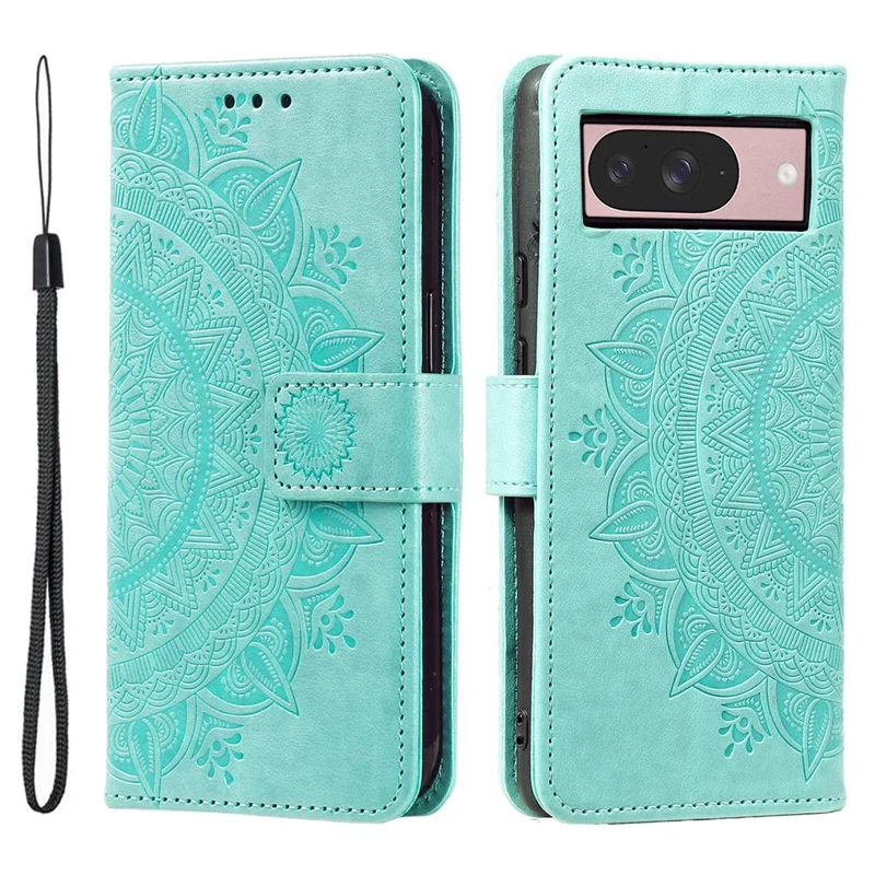 For Google Pixel 11 Stand Case Imprinted Totem PU Leather Wallet Phone Cover with Wrist Strap - Mint Green