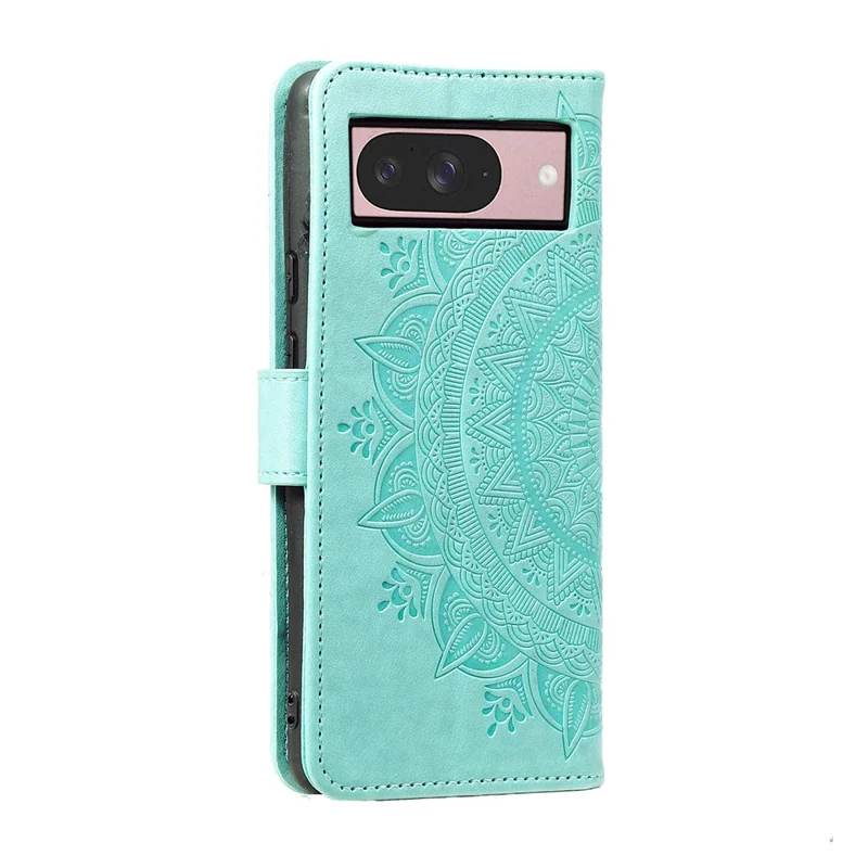 For Google Pixel 11 Stand Case Imprinted Totem PU Leather Wallet Phone Cover with Wrist Strap - Mint Green