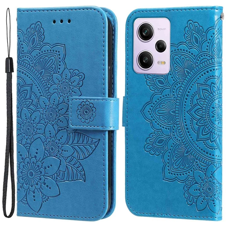 For Xiaomi Redmi Note 12 Pro 5G  / Note 12 Pro Speed 5G / Poco X5 Pro 5G PU Leather Magnetic Closure Flower Imprinted Case Stand Feature Wallet Full Body Protective Phone Cover Shell with Strap - Blue
