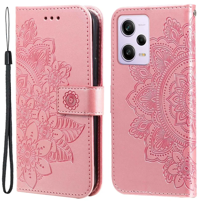 For Xiaomi Redmi Note 12 Pro 5G  / Note 12 Pro Speed 5G / Poco X5 Pro 5G PU Leather Magnetic Closure Flower Imprinted Case Stand Feature Wallet Full Body Protective Phone Cover Shell with Strap - Pink
