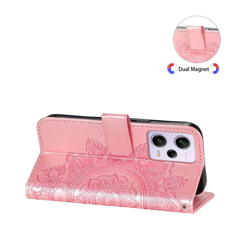 For Xiaomi Redmi Note 12 Pro 5G  / Note 12 Pro Speed 5G / Poco X5 Pro 5G PU Leather Magnetic Closure Flower Imprinted Case Stand Feature Wallet Full Body Protective Phone Cover Shell with Strap - Pink