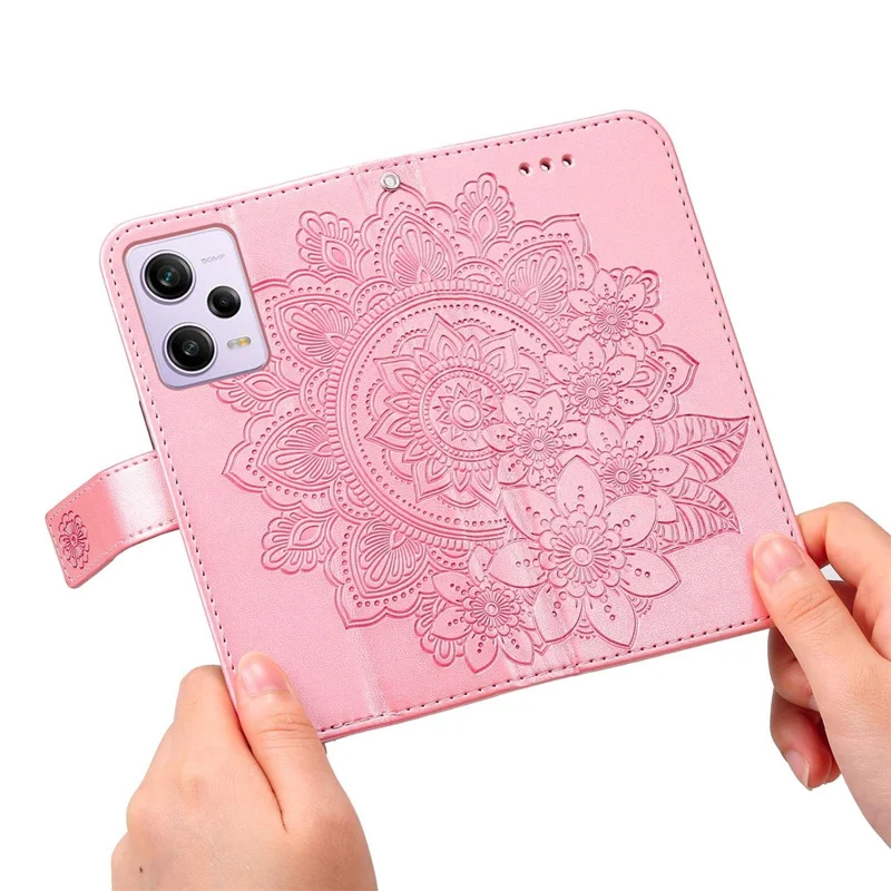 For Xiaomi Redmi Note 12 Pro 5G  / Note 12 Pro Speed 5G / Poco X5 Pro 5G PU Leather Magnetic Closure Flower Imprinted Case Stand Feature Wallet Full Body Protective Phone Cover Shell with Strap - Pink