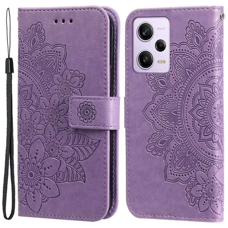 For Xiaomi Redmi Note 12 Pro 5G  / Note 12 Pro Speed 5G / Poco X5 Pro 5G PU Leather Magnetic Closure Flower Imprinted Case Stand Feature Wallet Full Body Protective Phone Cover Shell with Strap - Purple