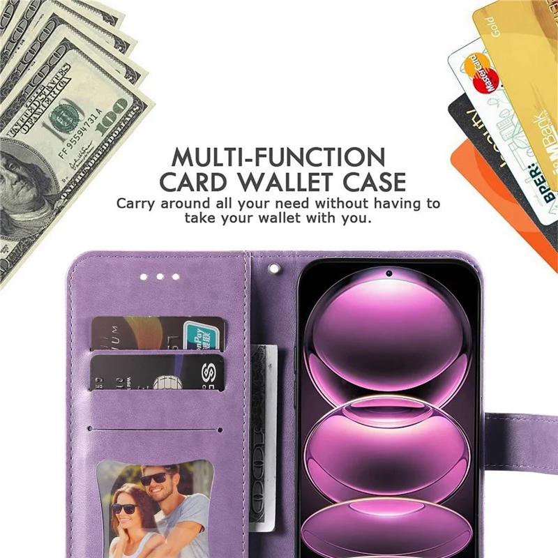 For Xiaomi Redmi Note 12 Pro 5G  / Note 12 Pro Speed 5G / Poco X5 Pro 5G PU Leather Magnetic Closure Flower Imprinted Case Stand Feature Wallet Full Body Protective Phone Cover Shell with Strap - Purple