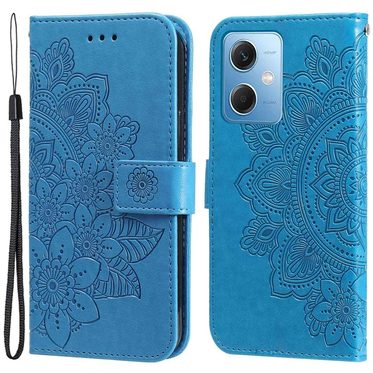 For Xiaomi Redmi Note 12 5G (Global) / (India) / (China) / Poco X5 5G Flower Imprinted PU Leather Flip Cover Wallet Style Stand Protective Phone Case with Strap - Blue