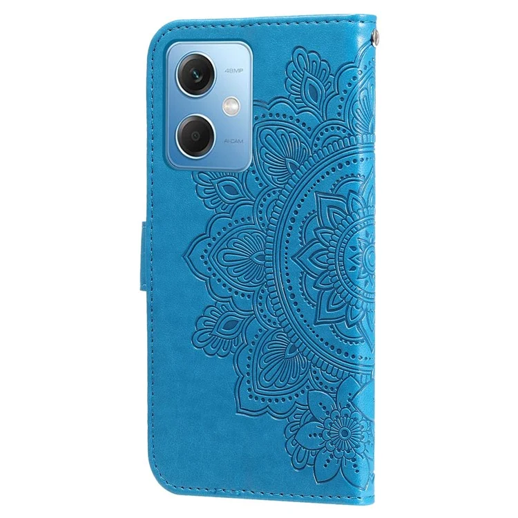 For Xiaomi Redmi Note 12 5G (Global) / (India) / (China) / Poco X5 5G Flower Imprinted PU Leather Flip Cover Wallet Style Stand Protective Phone Case with Strap - Blue