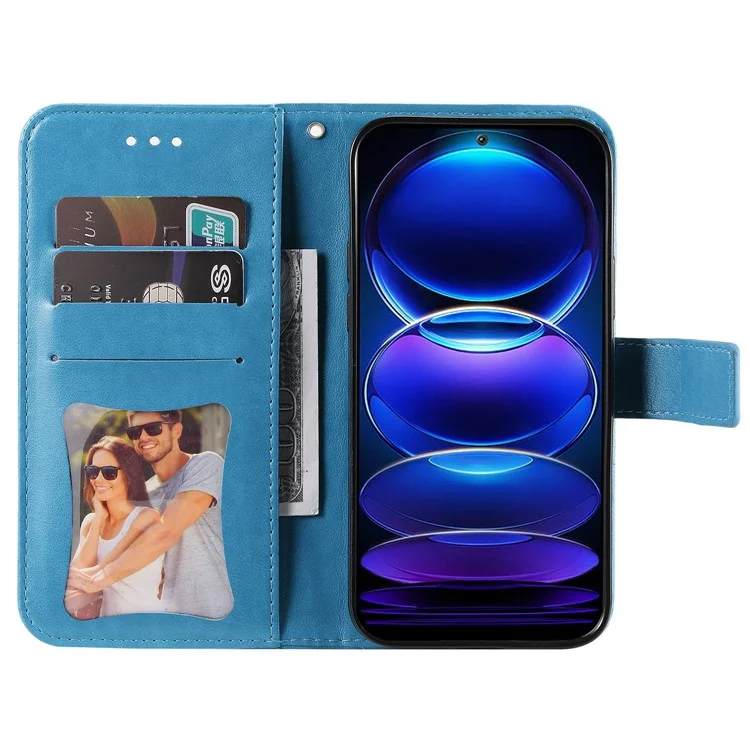 For Xiaomi Redmi Note 12 5G (Global) / (India) / (China) / Poco X5 5G Flower Imprinted PU Leather Flip Cover Wallet Style Stand Protective Phone Case with Strap - Blue