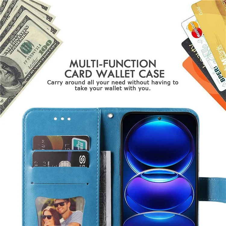 For Xiaomi Redmi Note 12 5G (Global) / (India) / (China) / Poco X5 5G Flower Imprinted PU Leather Flip Cover Wallet Style Stand Protective Phone Case with Strap - Blue