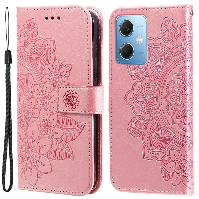 For Xiaomi Redmi Note 12 5G (Global) / (India) / (China) / Poco X5 5G Flower Imprinted PU Leather Flip Cover Wallet Style Stand Protective Phone Case with Strap - Pink