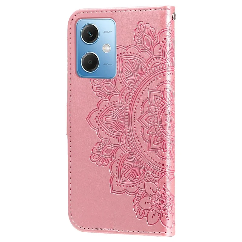 For Xiaomi Redmi Note 12 5G (Global) / (India) / (China) / Poco X5 5G Flower Imprinted PU Leather Flip Cover Wallet Style Stand Protective Phone Case with Strap - Pink
