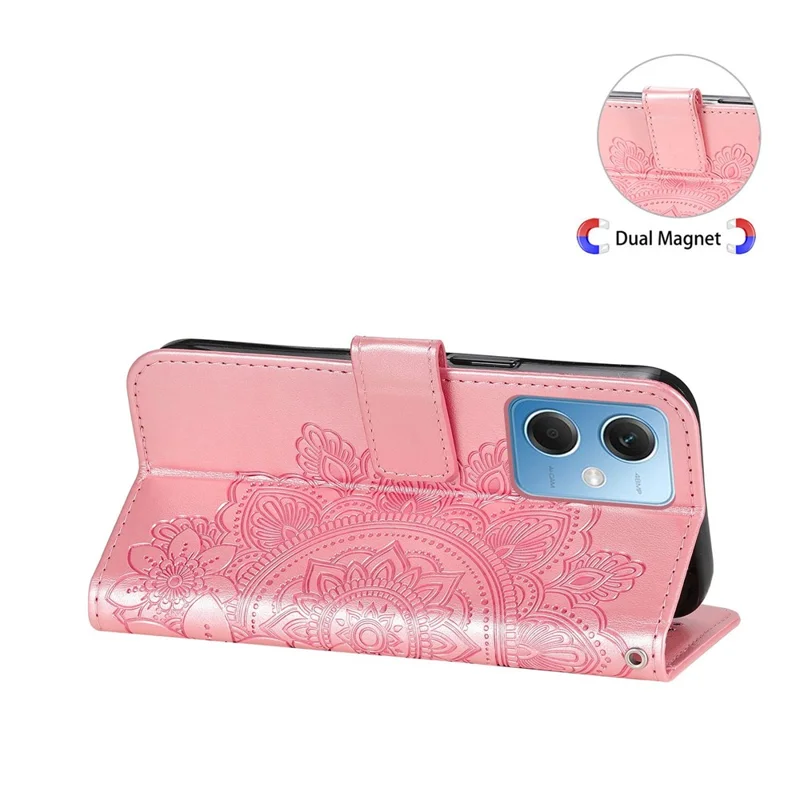 For Xiaomi Redmi Note 12 5G (Global) / (India) / (China) / Poco X5 5G Flower Imprinted PU Leather Flip Cover Wallet Style Stand Protective Phone Case with Strap - Pink