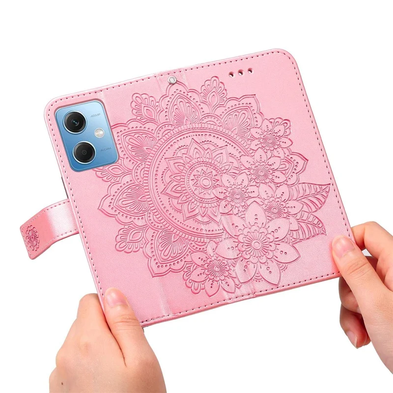 For Xiaomi Redmi Note 12 5G (Global) / (India) / (China) / Poco X5 5G Flower Imprinted PU Leather Flip Cover Wallet Style Stand Protective Phone Case with Strap - Pink