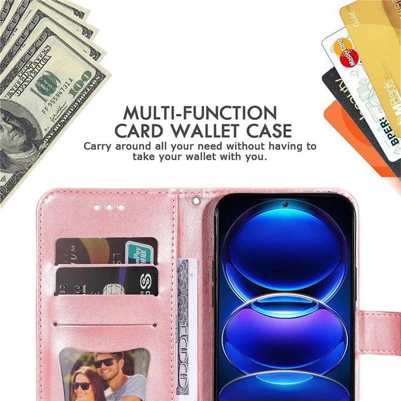 For Xiaomi Redmi Note 12 5G (Global) / (India) / (China) / Poco X5 5G Flower Imprinted PU Leather Flip Cover Wallet Style Stand Protective Phone Case with Strap - Pink