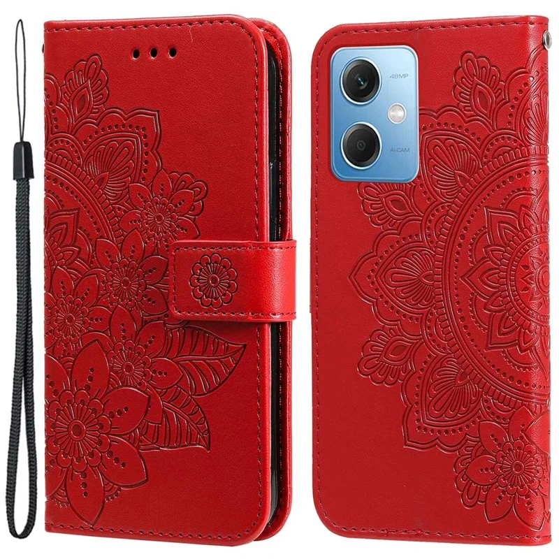 For Xiaomi Redmi Note 12 5G (Global) / (India) / (China) / Poco X5 5G Flower Imprinted PU Leather Flip Cover Wallet Style Stand Protective Phone Case with Strap - Red