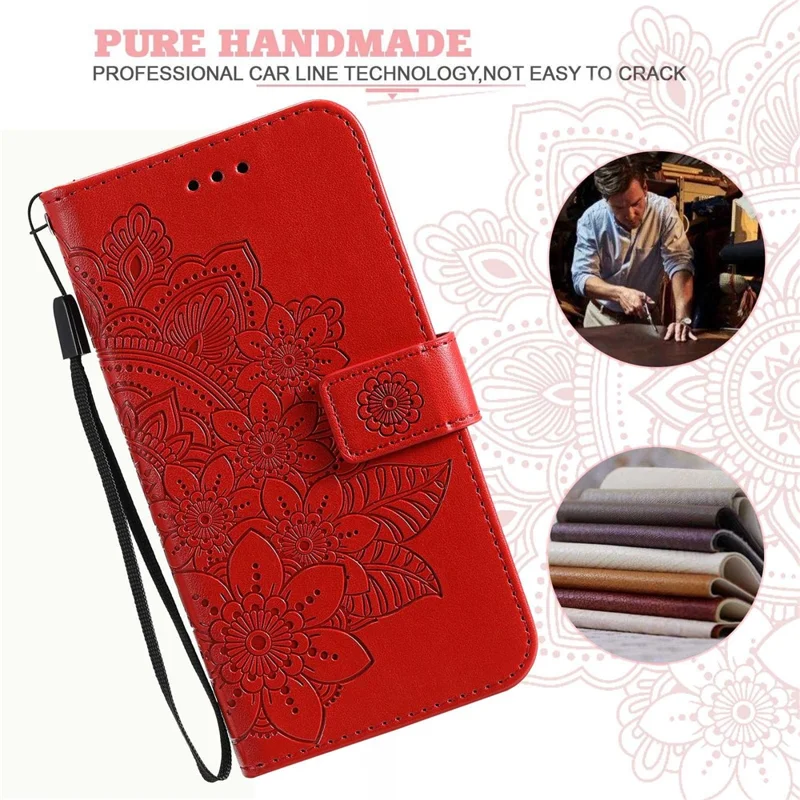 For Xiaomi Redmi Note 12 5G (Global) / (India) / (China) / Poco X5 5G Flower Imprinted PU Leather Flip Cover Wallet Style Stand Protective Phone Case with Strap - Red