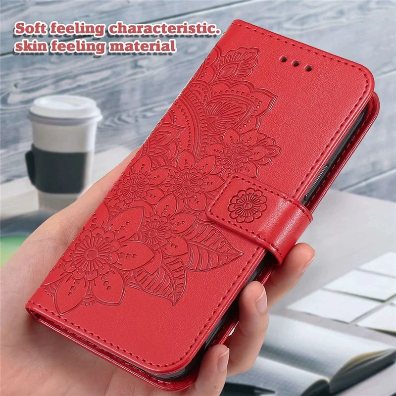 For Xiaomi Redmi Note 12 5G (Global) / (India) / (China) / Poco X5 5G Flower Imprinted PU Leather Flip Cover Wallet Style Stand Protective Phone Case with Strap - Red