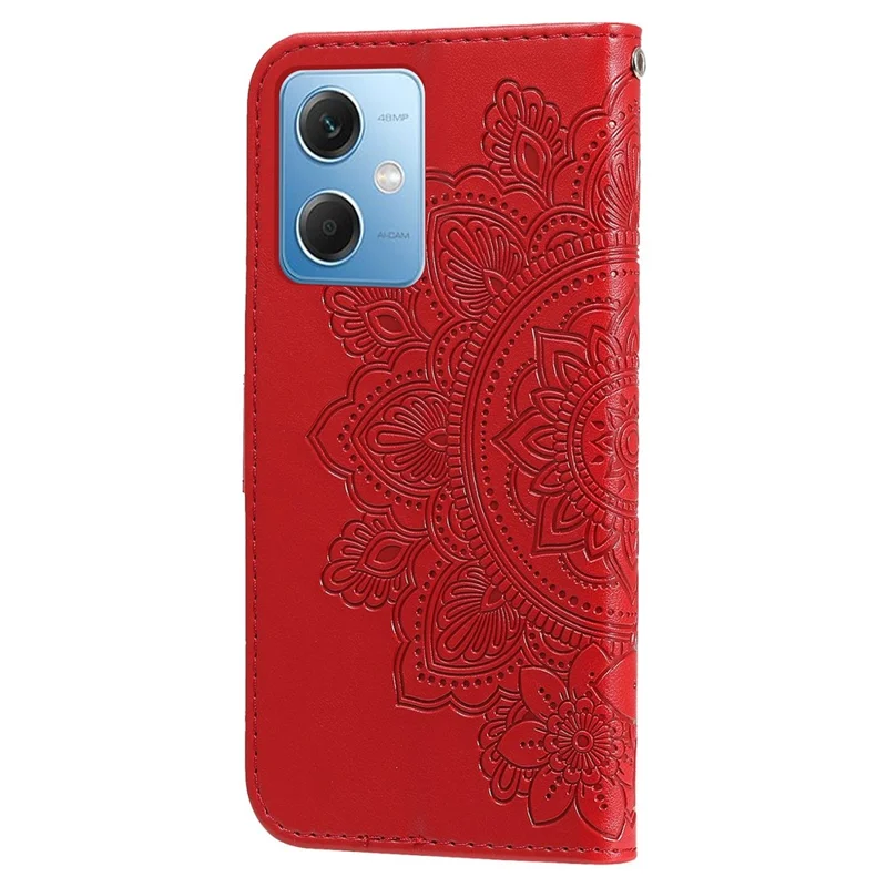 For Xiaomi Redmi Note 12 5G (Global) / (India) / (China) / Poco X5 5G Flower Imprinted PU Leather Flip Cover Wallet Style Stand Protective Phone Case with Strap - Red