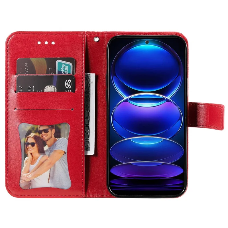 For Xiaomi Redmi Note 12 5G (Global) / (India) / (China) / Poco X5 5G Flower Imprinted PU Leather Flip Cover Wallet Style Stand Protective Phone Case with Strap - Red