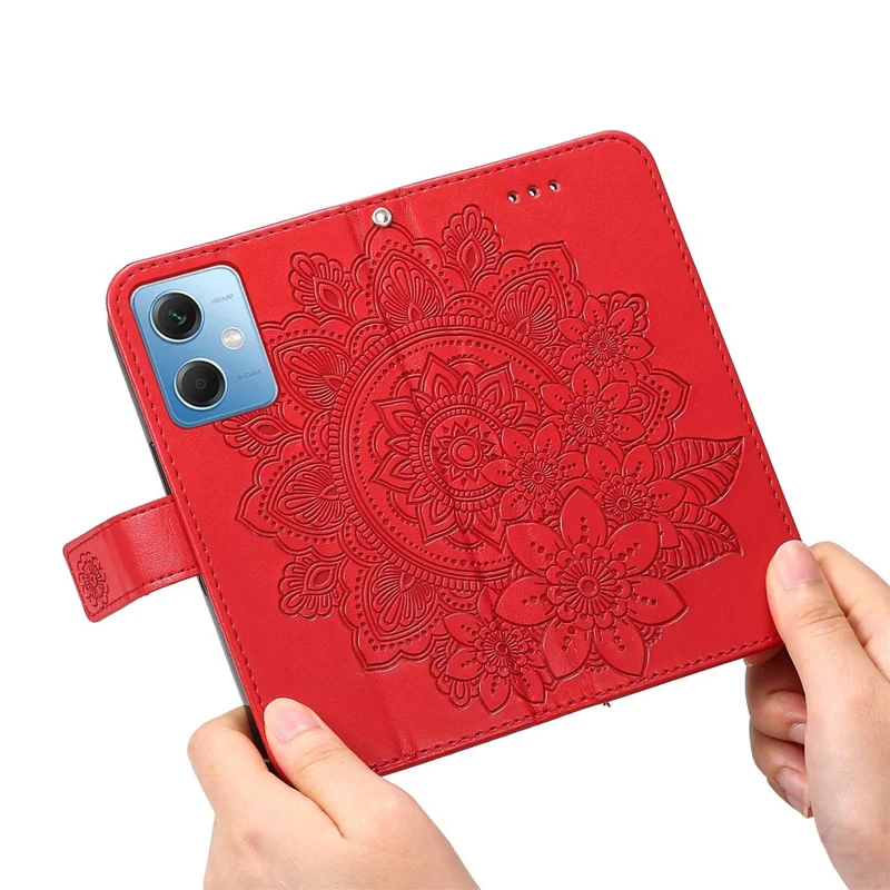 For Xiaomi Redmi Note 12 5G (Global) / (India) / (China) / Poco X5 5G Flower Imprinted PU Leather Flip Cover Wallet Style Stand Protective Phone Case with Strap - Red