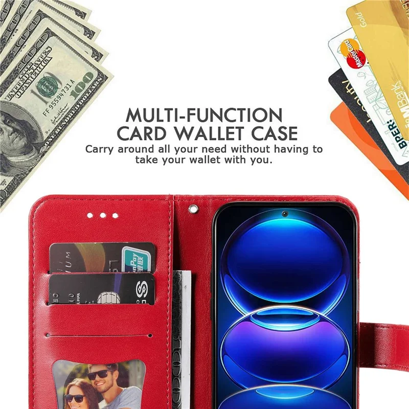 For Xiaomi Redmi Note 12 5G (Global) / (India) / (China) / Poco X5 5G Flower Imprinted PU Leather Flip Cover Wallet Style Stand Protective Phone Case with Strap - Red