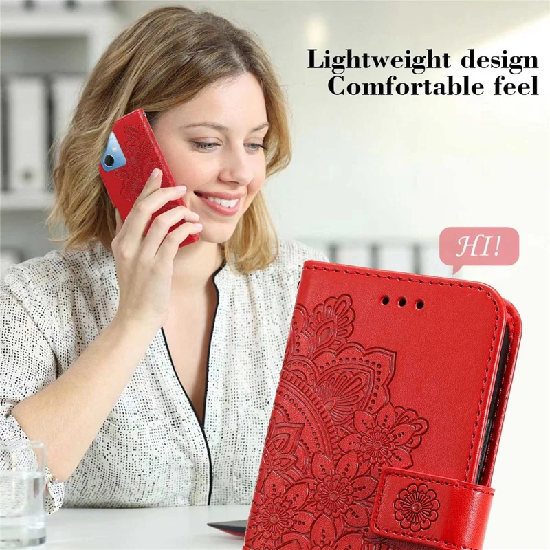 For Xiaomi Redmi Note 12 5G (Global) / (India) / (China) / Poco X5 5G Flower Imprinted PU Leather Flip Cover Wallet Style Stand Protective Phone Case with Strap - Red