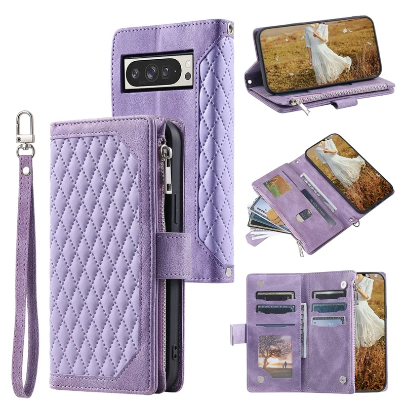 For Google Pixel 11 Pro XL Wallet Case Rhombus Stitching Line PU Leather Phone Cover with Wrist Strap - Purple