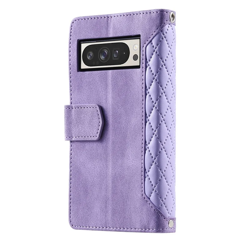 For Google Pixel 11 Pro XL Wallet Case Rhombus Stitching Line PU Leather Phone Cover with Wrist Strap - Purple
