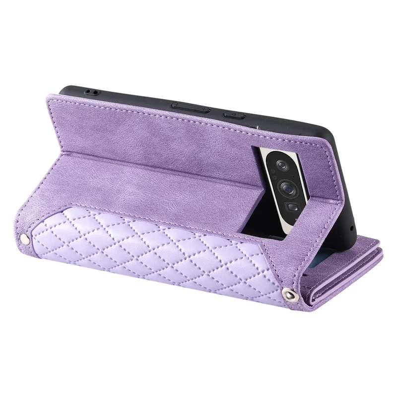 For Google Pixel 11 Pro XL Wallet Case Rhombus Stitching Line PU Leather Phone Cover with Wrist Strap - Purple