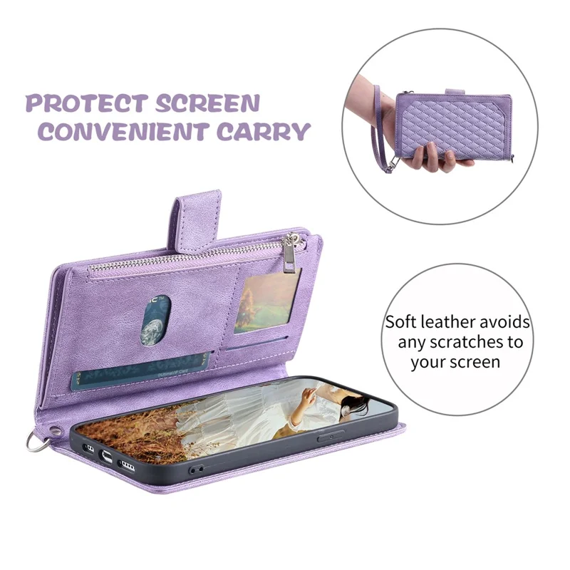 For Google Pixel 11 Pro XL Wallet Case Rhombus Stitching Line PU Leather Phone Cover with Wrist Strap - Purple