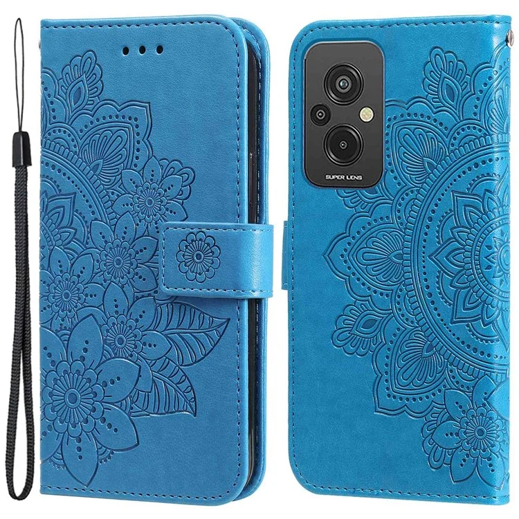 For Xiaomi Redmi 11 Prime 4G Flower Imprinting PU Leather Case Magnetic Clasp Stand Wallet Shockproof Phone Cover with Strap - Blue
