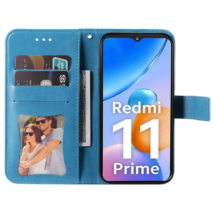 For Xiaomi Redmi 11 Prime 4G Flower Imprinting PU Leather Case Magnetic Clasp Stand Wallet Shockproof Phone Cover with Strap - Blue