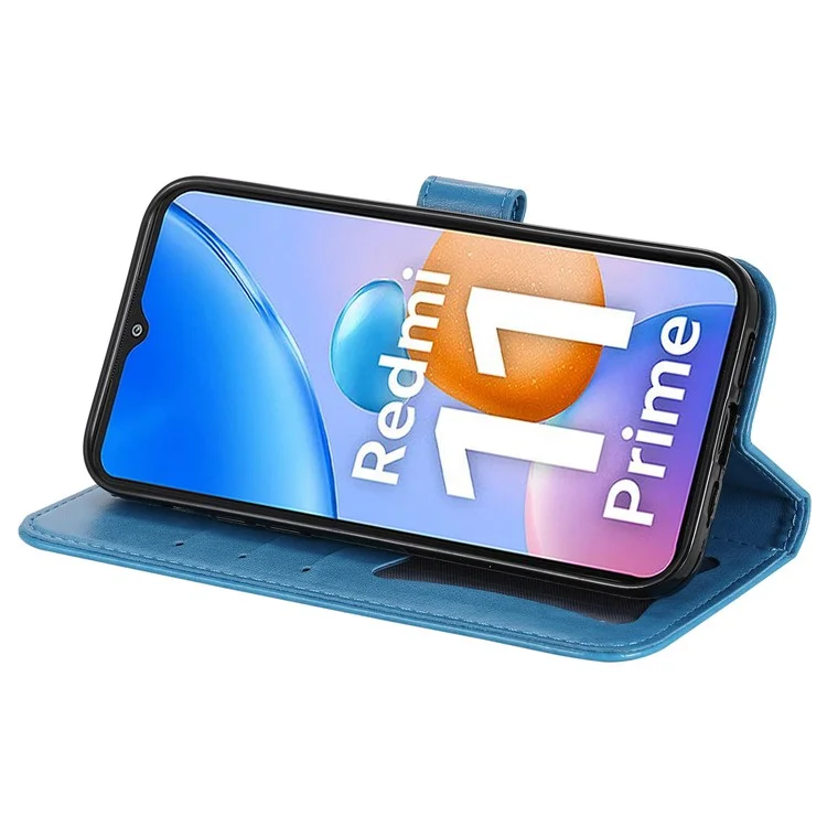 For Xiaomi Redmi 11 Prime 4G Flower Imprinting PU Leather Case Magnetic Clasp Stand Wallet Shockproof Phone Cover with Strap - Blue