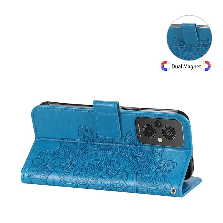 For Xiaomi Redmi 11 Prime 4G Flower Imprinting PU Leather Case Magnetic Clasp Stand Wallet Shockproof Phone Cover with Strap - Blue