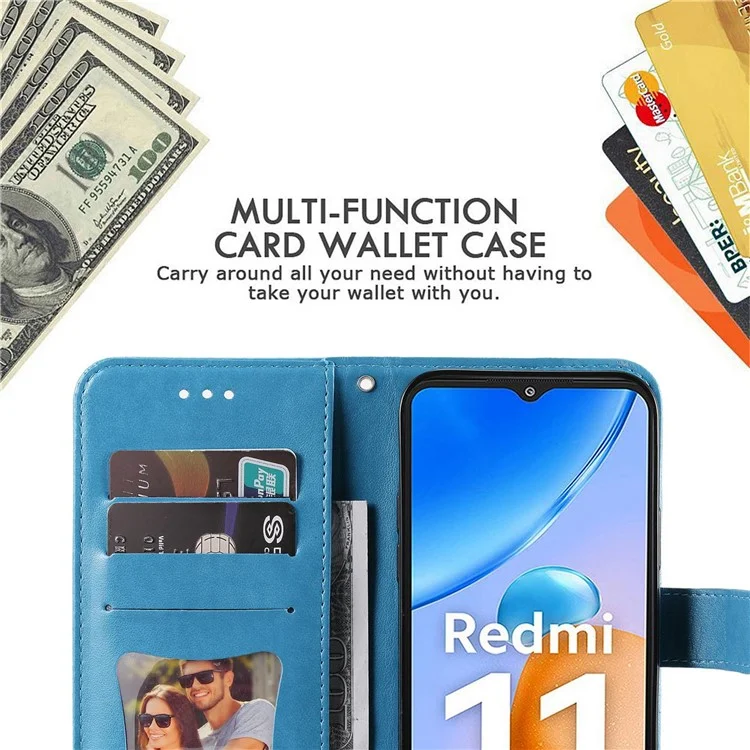 For Xiaomi Redmi 11 Prime 4G Flower Imprinting PU Leather Case Magnetic Clasp Stand Wallet Shockproof Phone Cover with Strap - Blue