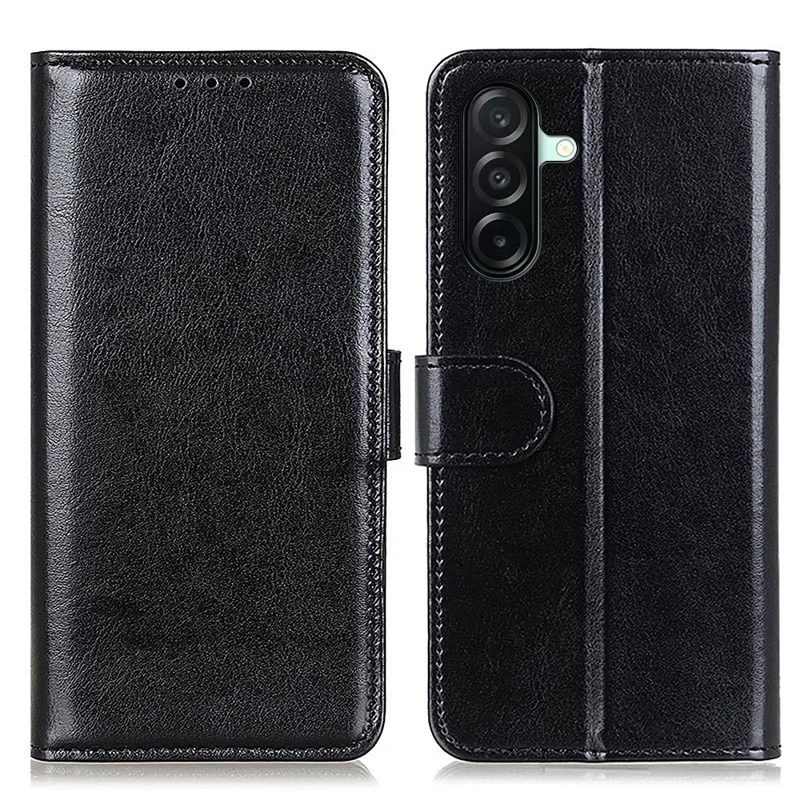 For Samsung Galaxy A27 Case Crazy Horse Texture PU Leather Phone Stand Cover - Black